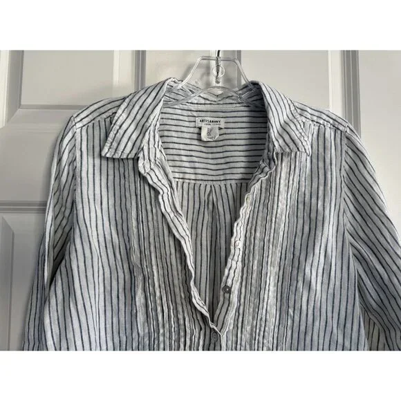 Artisan NY Womens 100% Linen Tunic Top White Blue Striped Coastal Cover Up Small - Picture 3 of 7